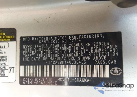 2004 Toyota Camry Solara Se/Spt/Sle z USA, uszkodzony, nr VIN 4T1CA38P44U038435